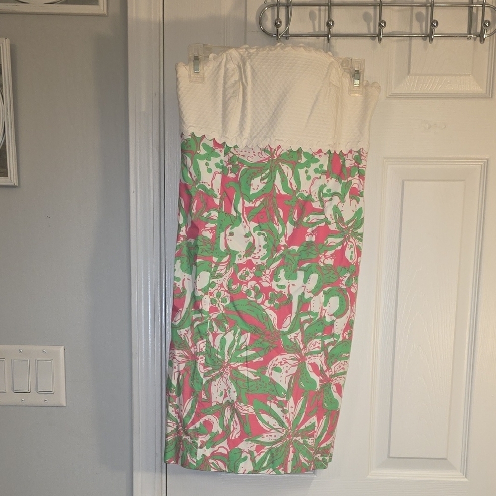 Lilly Pulitzer Cotton  White Strapless Dress with Pink & Green Floral Print 2 - Picture 3 of 16
